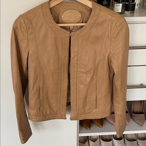 Massimo Dutti Tan Leather Crewneck Jacket